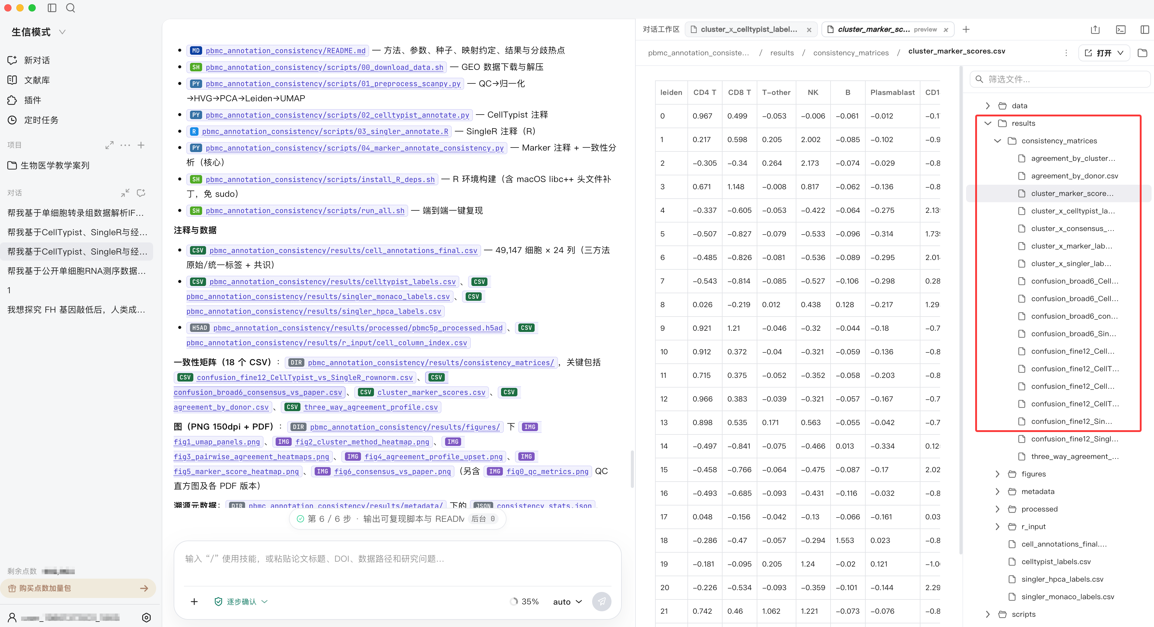 查看 PBMC 细胞注释结果和一致性矩阵